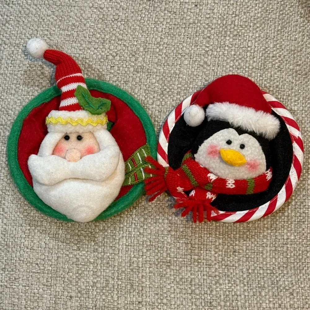 Vintage Pier 1 Cloth Santa Penguin Wine Glass Base Coasters 2pc Set